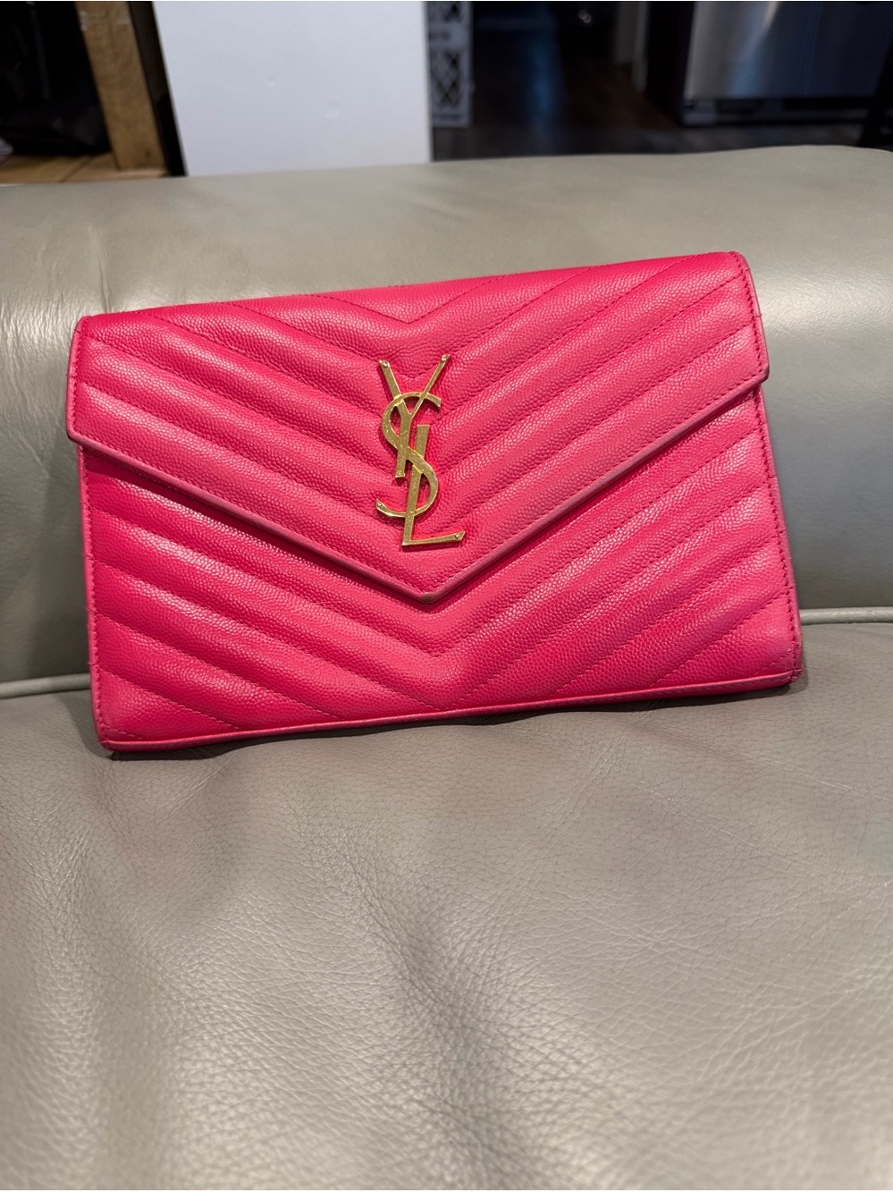 Saint Laurent Hot Pink Quilted YSL Envelope Clutch with Gold Hardware